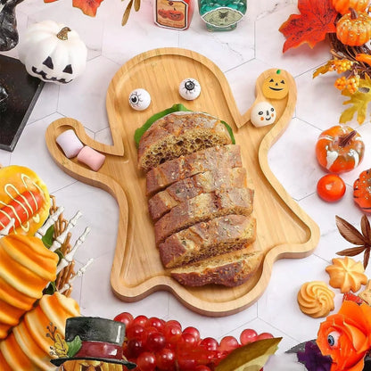 Halloween bamboo cheese platter with ghost design, perfect for parties and gatherings.