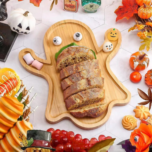 Halloween bamboo cheese platter with ghost design, perfect for parties and gatherings.
