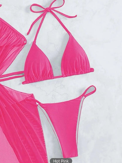 Women's 3-piece halter neck bikini set in solid colours for beach and summer