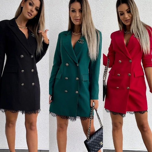 Elegant lace-trimmed double-breasted dress in red, black, and green colors with A-line silhouette