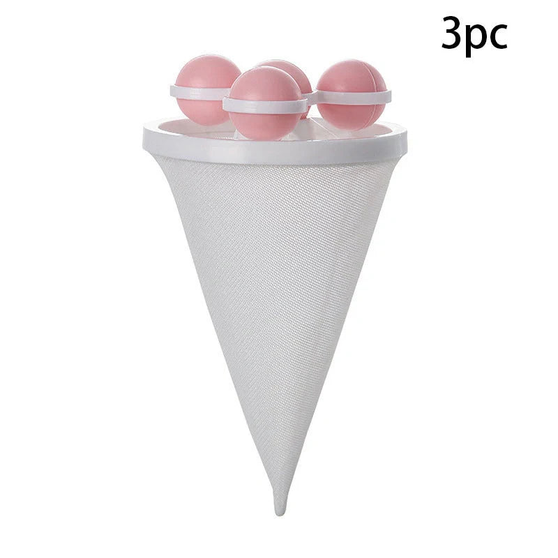 Gyroscopic Washing Machine Filter Pouch in purple, blue, and pink for lint and hair removal