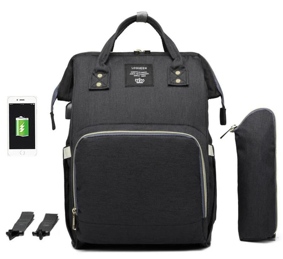 Premium mummy backpack in a range of stylish colours, featuring dedicated compartments for bottles, nappies and personal items.
