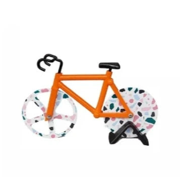 Stainless steel pizza cutter with modern bicycle-inspired design for effortless slicing of pizzas, flatbreads, and more