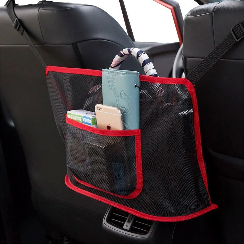 Car Net Pocket Handbag Holder in red and black, showing adjustable belt and spacious storage