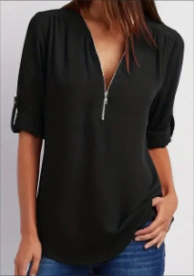 Women's ruched half zip V neck blouse in black, burgundy, or purple with rollable sleeves