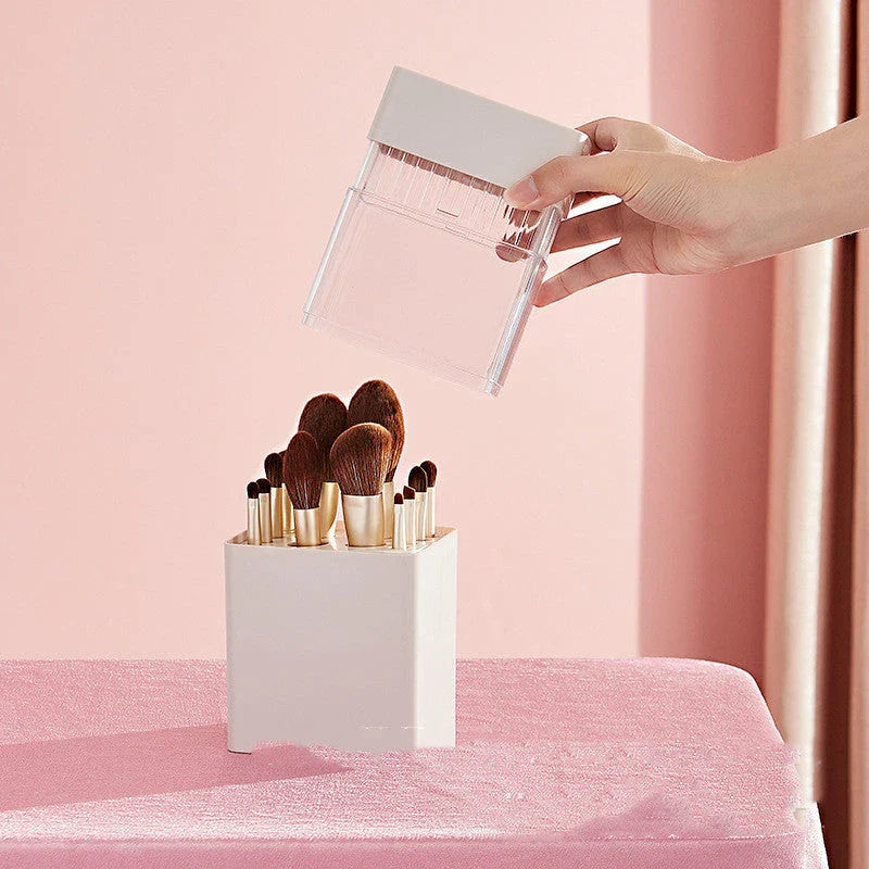 Premium makeup brush organiser with dual-purpose design for drying and storage, holding up to 12 brushes in a sleek and organised manner.