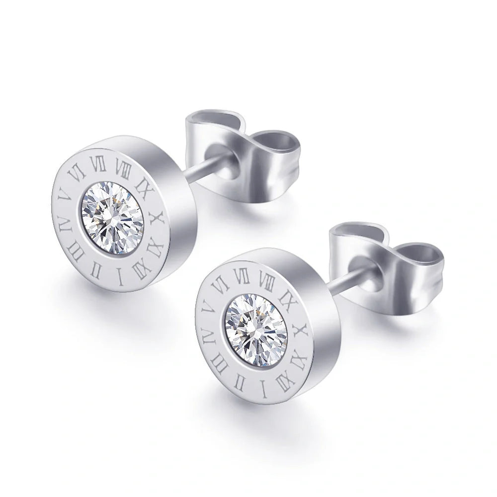 Elegant titanium steel earrings with Roman numeral design and diamond studs