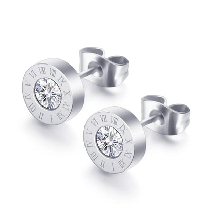 Elegant titanium steel earrings with Roman numeral design and diamond studs