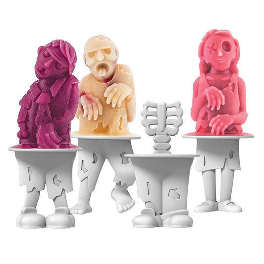 Zombie-themed popsicle mould with four unique ice lolly designs and skeleton-shaped sticks