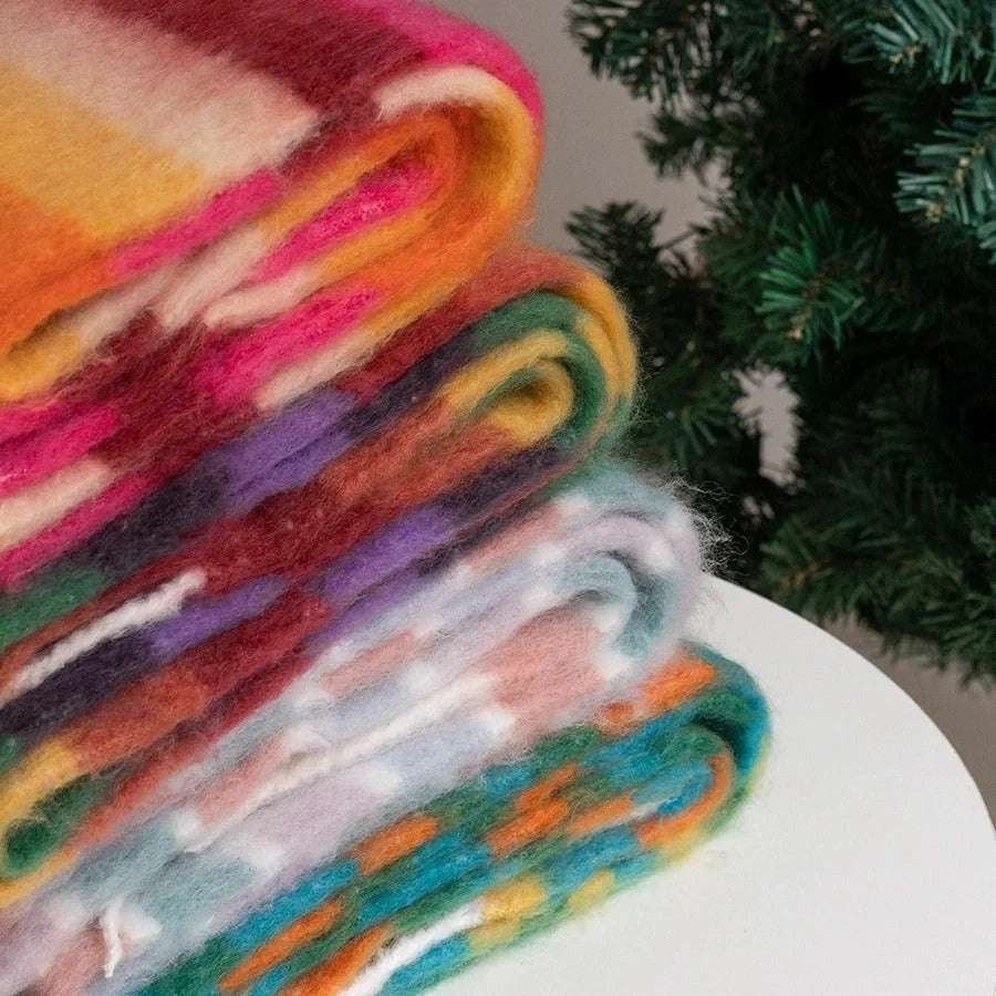 Vibrant rainbow mohair tassel scarf for warmth and style