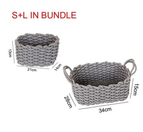 Hand-woven cotton rope storage basket in grey and white colours, featuring a minimalist nordic design for practical and stylish home organisation