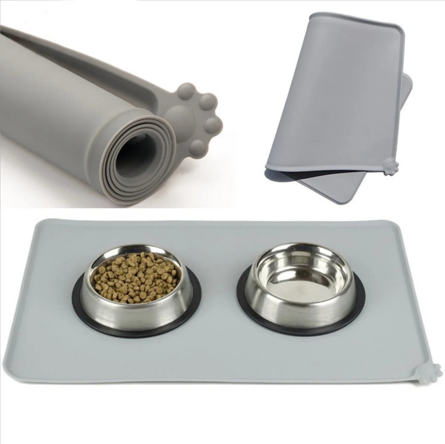 Spill-proof pet food mat made of durable silicone with non-slip base and raised edges to prevent messes
