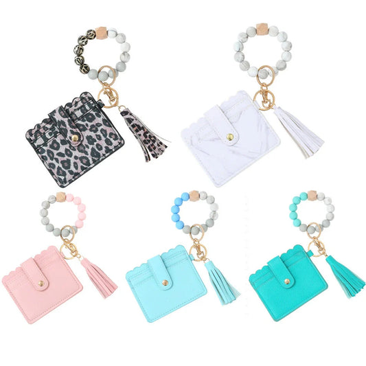 Women's silicone beads and PU tassel bracelet keychain in various colours