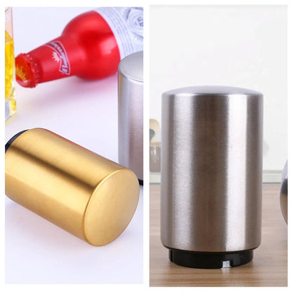 Portable magnetic automatic beer bottle opener in brushed stainless steel finish