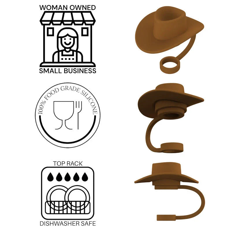 Premium straw covers in charming cowboy hat design, made of food-grade silicone for durable and reusable protection of your drinks