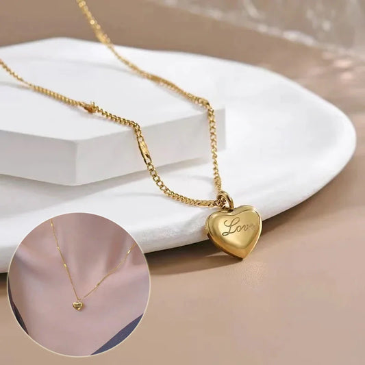 Vintage gold titanium steel heart pendant necklace with sectional chain