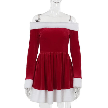 Women's Christmas costume Santa dress with plush trim, boat neckline, and off-shoulder sleeves for holiday parties and New Year's Eve