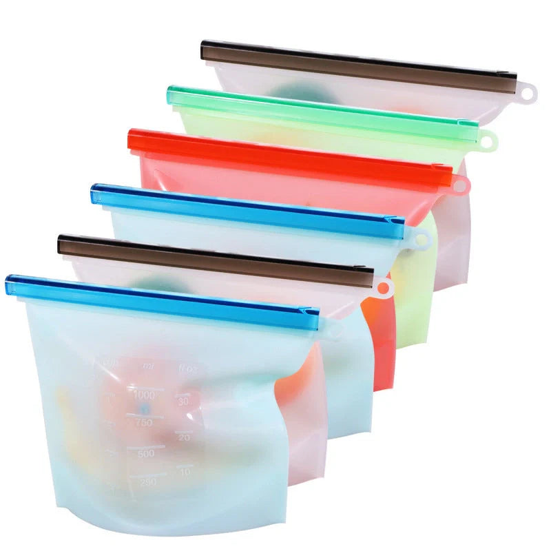 Edible silicone kitchen storage bags in various colours with vacuum seal