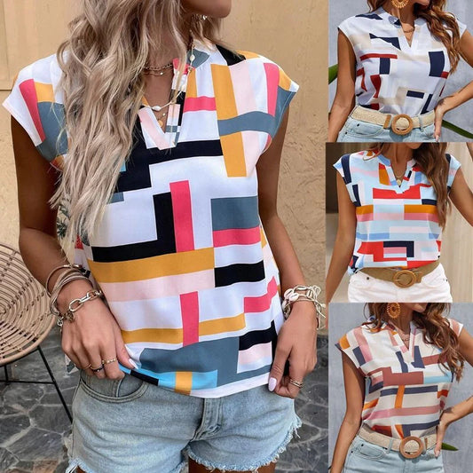 Women's Digital Print Doll Sleeve V-Neck Top in blue, pink, orange, and white