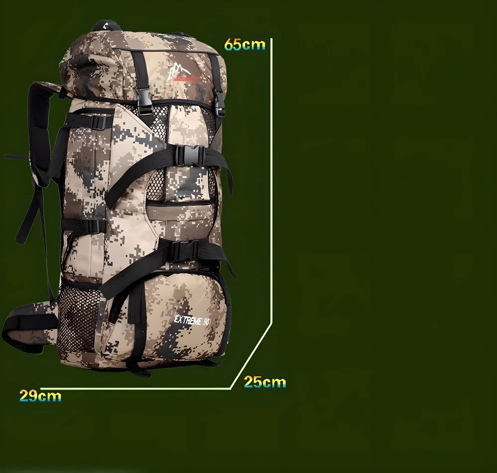 Premium 70L military-grade waterproof travel rucksack with camouflage pattern, reinforced stitching, and adjustable padded shoulder straps