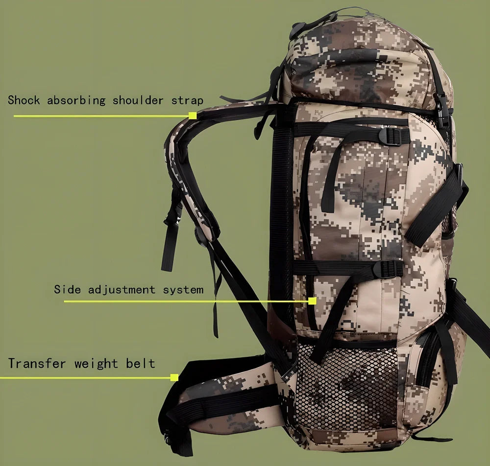 Premium 70L military-grade waterproof travel rucksack with camouflage pattern, reinforced stitching, and adjustable padded shoulder straps