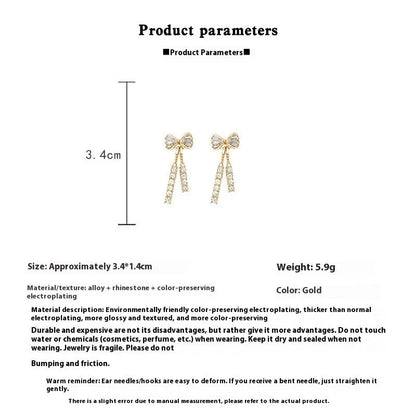 Gold bow diamond crystal earrings for women, fashionable and elegant