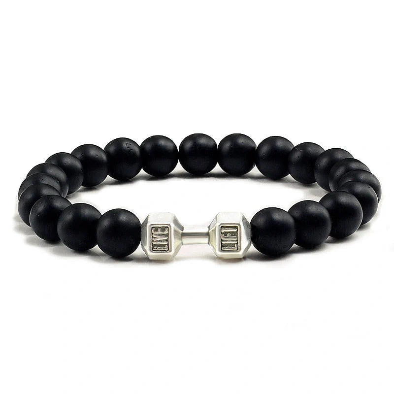 Men's fitness fashion dumbbell bracelet with black and white lava rock and alloy beads