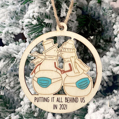 Wooden Hollowed-out Christmas Tree Pendant with snowman and deer design