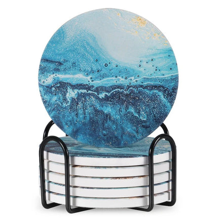 Set of 6 ceramic beverage coasters with metal stand and cork base, elegant and practical.