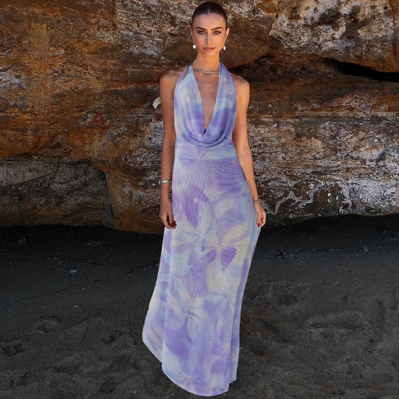 Tie Dye Printing Deep V-neck Halter Backless Long Dresses Set for Women in green and purple