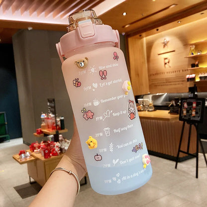 2000ml gradient colour water bottle with straw and stickers, leak-proof design