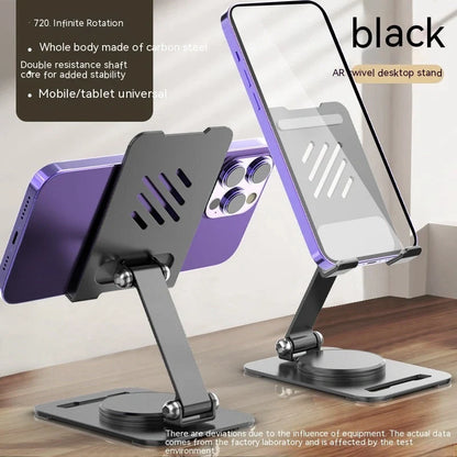 Adjustable 360-degree rotating metal desk phone and tablet stand in black, white, and silver colours