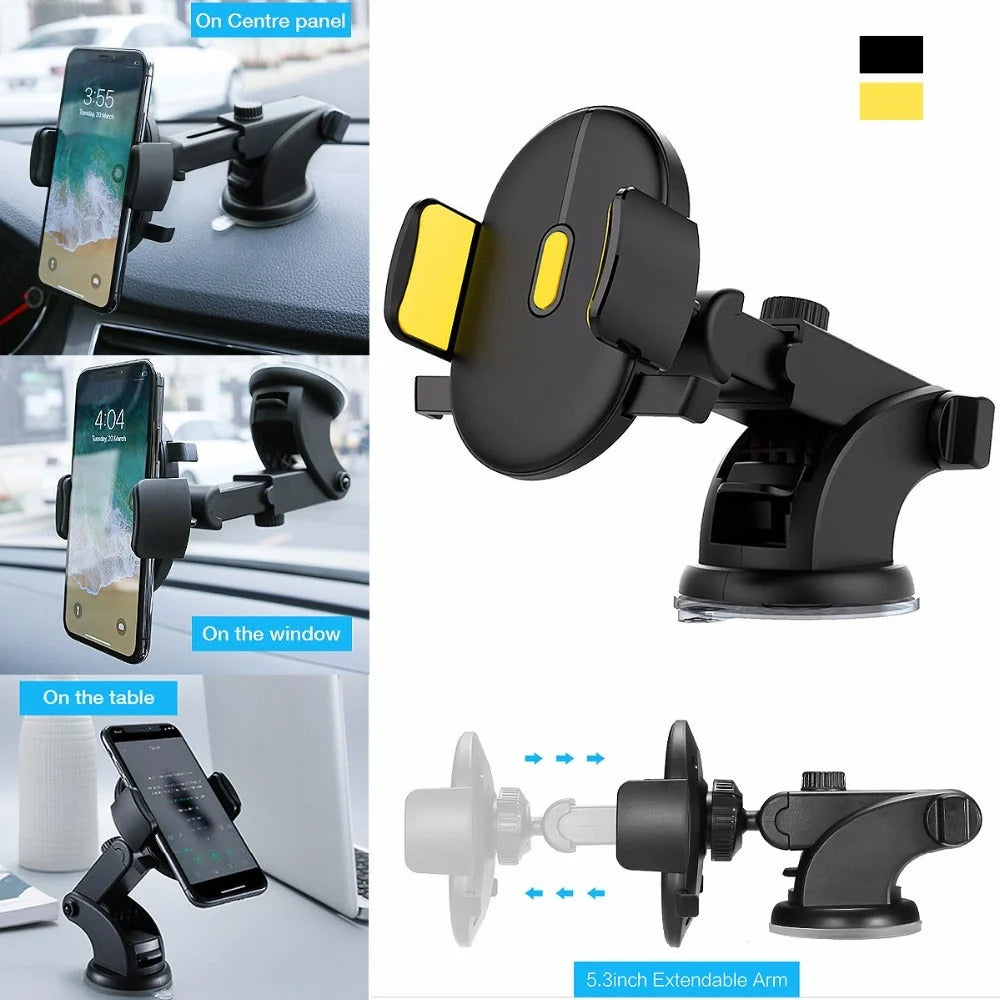 Telescopic car phone holder with suction cup and 360-degree rotation