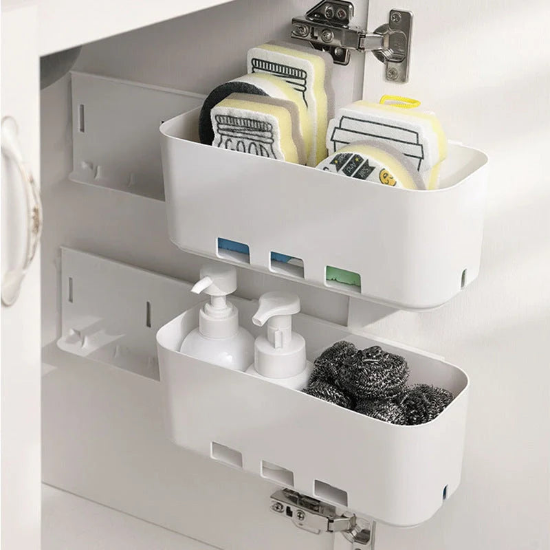 White retractable kitchen storage rack for cabinets and refrigerators