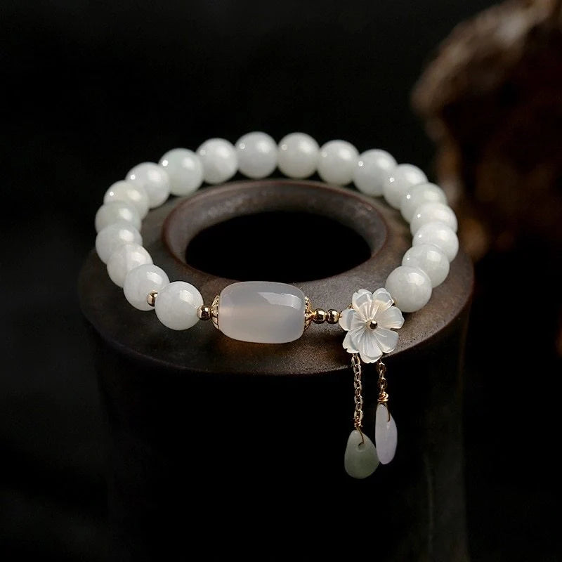 Elegant Shell Flower Jade Water Drop Bracelet with natural jadeite and shells