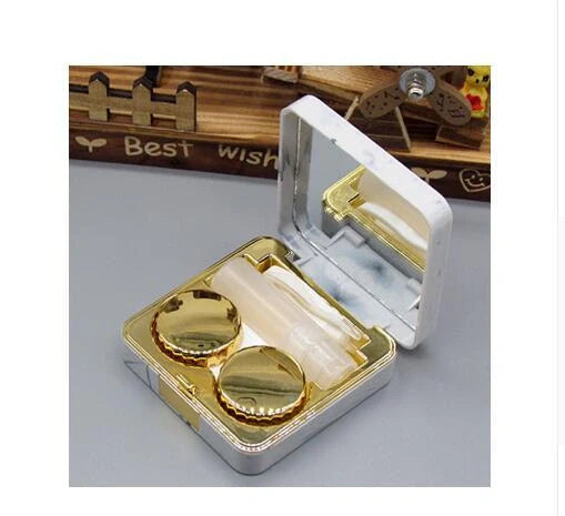 Square marble design contact lens case with mirror and accessories
