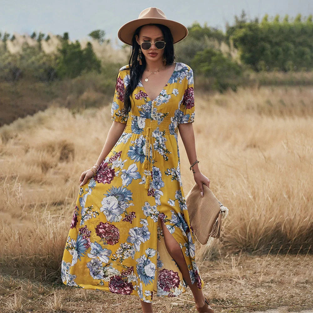 Floral summer beach dress with V-neck and elastic waist for women