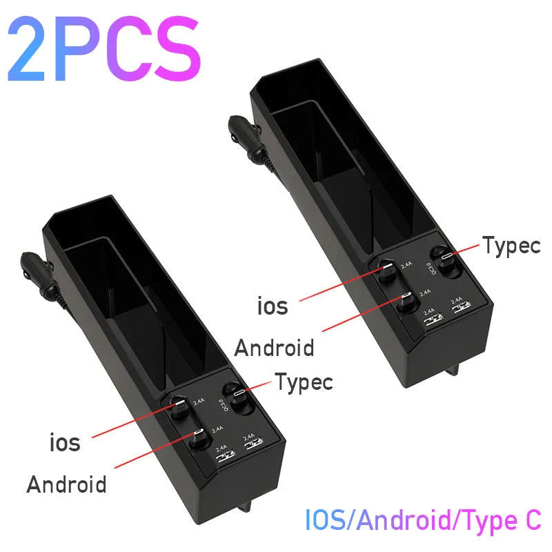 Premium car seat gap organiser with discreet charging cable, providing secure storage and power for your on-the-go essentials