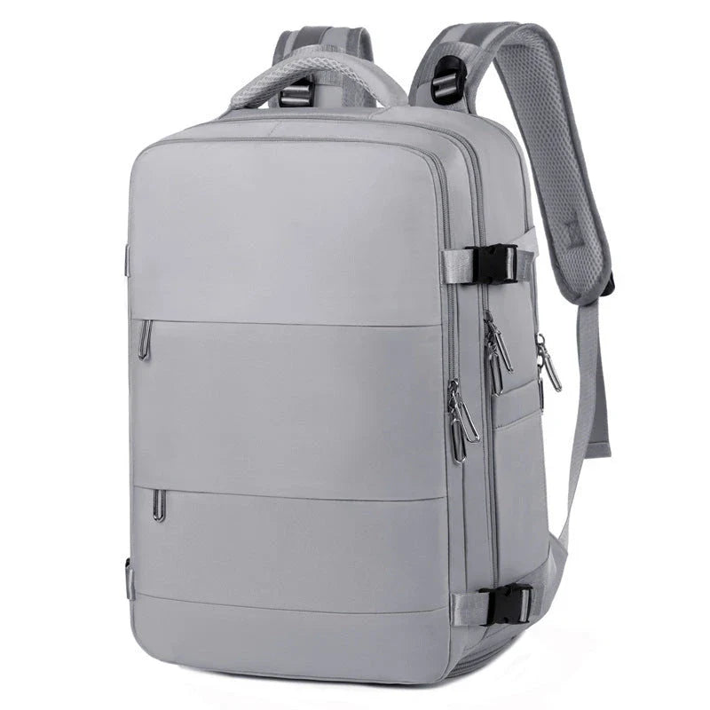 Spacious women's travel backpack with dry and wet compartments, waterproof construction, and comfortable air-cushioned harness