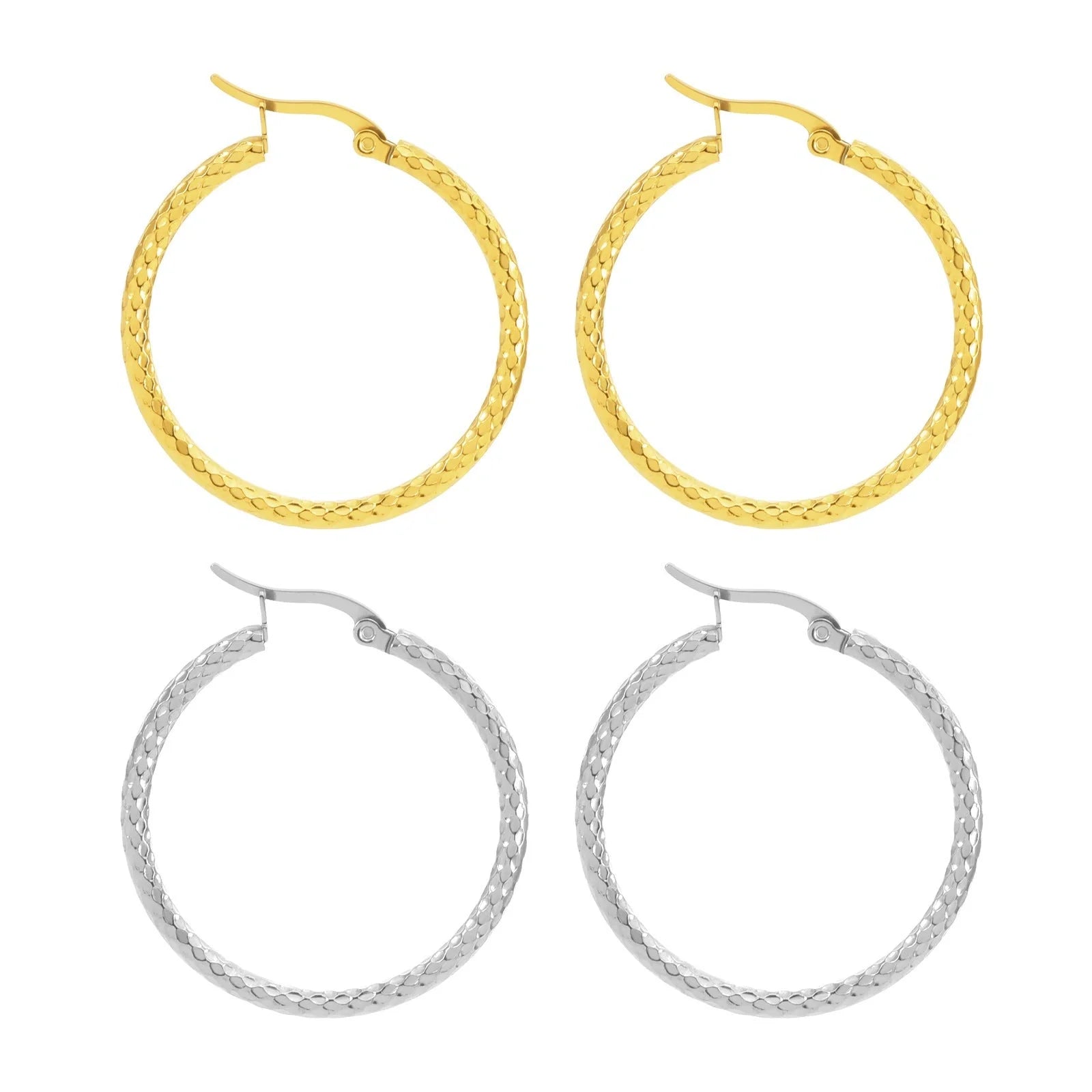 Elegant 18K gold-plated round ring earrings with embossed detail, perfect for any occasion.