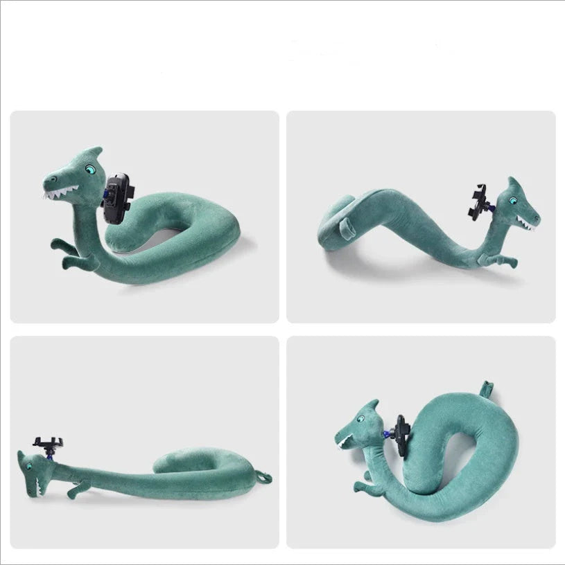 Cozy U-Shaped Pillow with Built-In Phone Holder in various colors, including Red Flamingo, Pink Unicorn, Orange Giraffe, Gray Snake, and Lagoon Dinosaur
