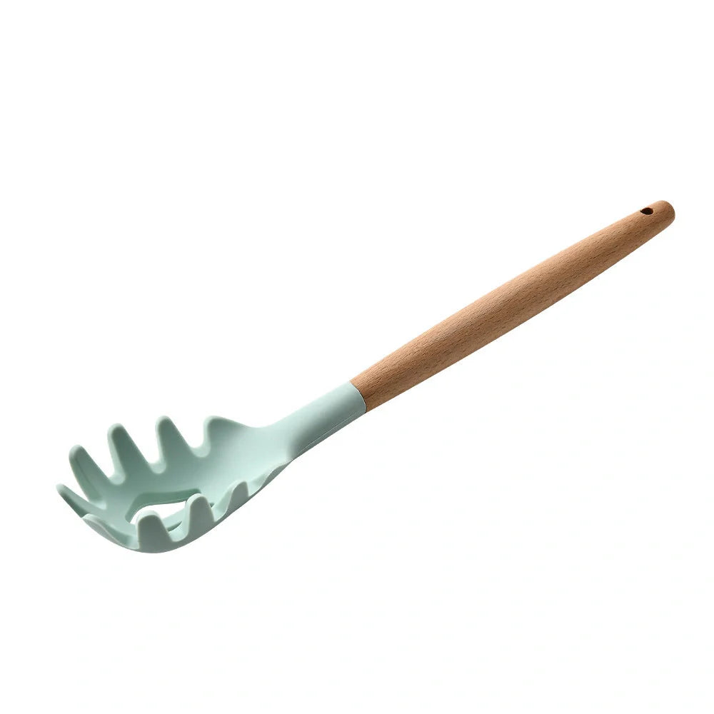 Silicone kitchenware set with wooden handles in various colors and styles, perfect for cooking, baking, and serving