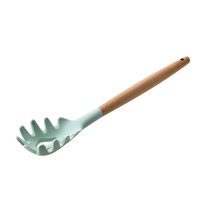 Silicone kitchenware set with wooden handles in various colors and styles, perfect for cooking, baking, and serving