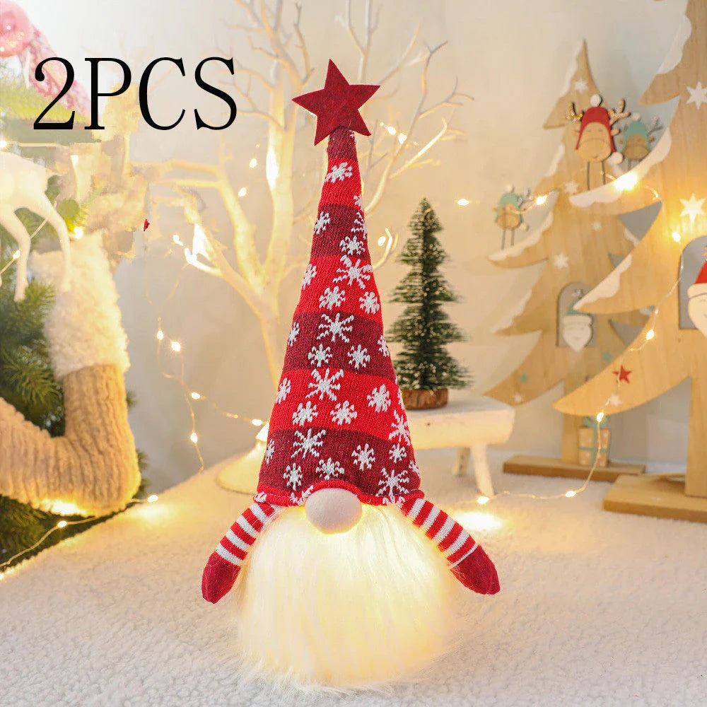 Festive faceless gnome figures in various colours, including green, red, and grey, adding a whimsical touch to Christmas home decor
