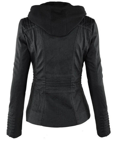 Versatile hooded leather jacket with spacious pockets and a sleek, sophisticated design for women