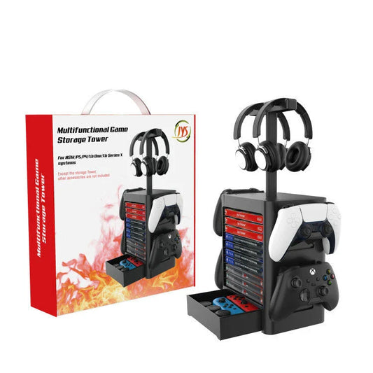 Premium gaming accessory stand with multiple storage compartments for headphones, controllers, and other console essentials