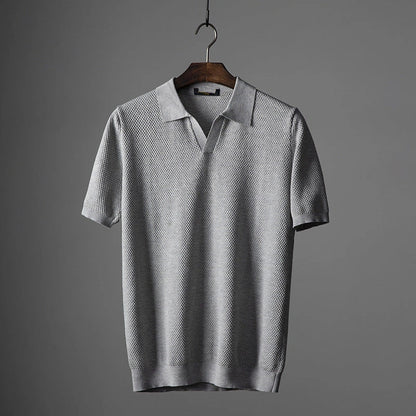 Men's V knit lapel short sleeve top in cotton, available in blue, navy blue, and grey