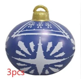 Vibrant inflatable Christmas baubles in a variety of colours and patterns, perfect for outdoor holiday decoration