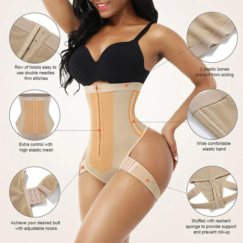 Seamless butt lifter control panties in black and skin tone, high-waist design for shaping and support