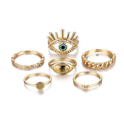 Retro Eye Love Ring Set: 6-Piece Alloy and Crystal Collection